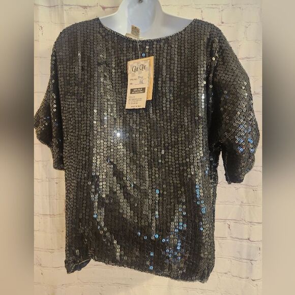 Vtg. Mint w/Tags Cee Cee Brand Black,Blue,Pink Silk Lined Sequin Tunic Top Sz.M - Picture 5 of 9